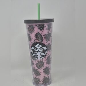 Starbucks Pink Beetle Print Tumbler with Green Straw